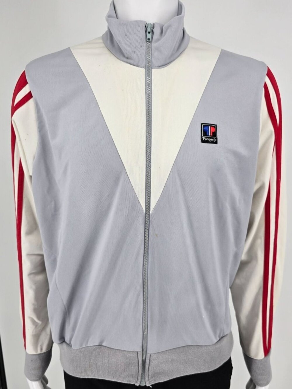Distressed Vintage 1980s Pinnacle Grey/White/Red Zip Up Tricot Track Jacket (XL)